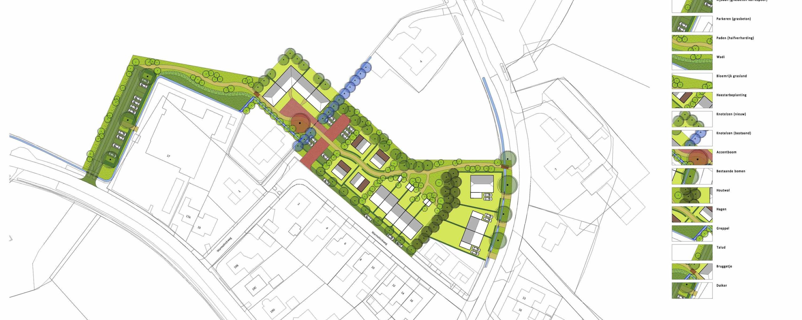 Stedebouwkundigplan uitbreidingsplan IJzerlo. ligging van de percelen en de inrichting van het plan met woningen, paden, en bomen 