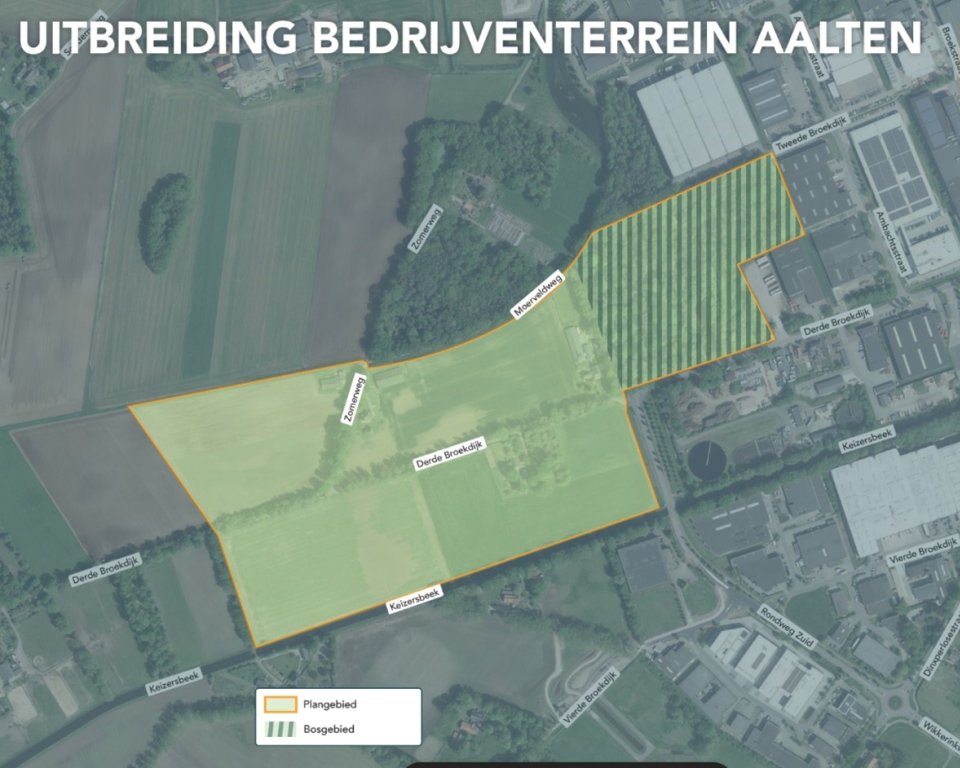 Het gebied ten zuidwesten van het bestaande bedrijventerrein en ten noorden van de Keizersbeek is aangewezen om te ontwikkelen.