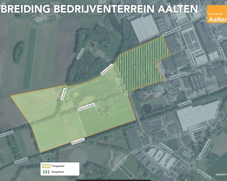 Het gebied ten zuidwesten van het bestaande bedrijventerrein en ten noorden van de Keizersbeek is aangewezen om te ontwikkelen.