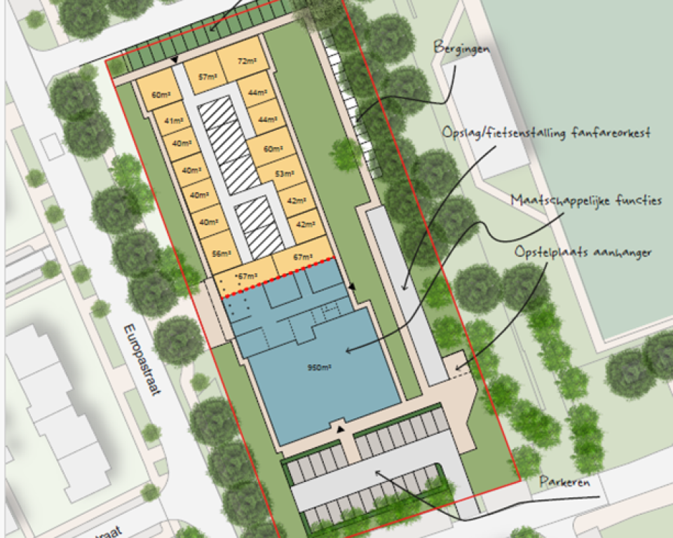De beoogde indeling met ruimte voor maatschappelijke functies in het blauw gearceerde gedeelte en circa 17 betaalbare woningen in de voormalige klaslokalen. 