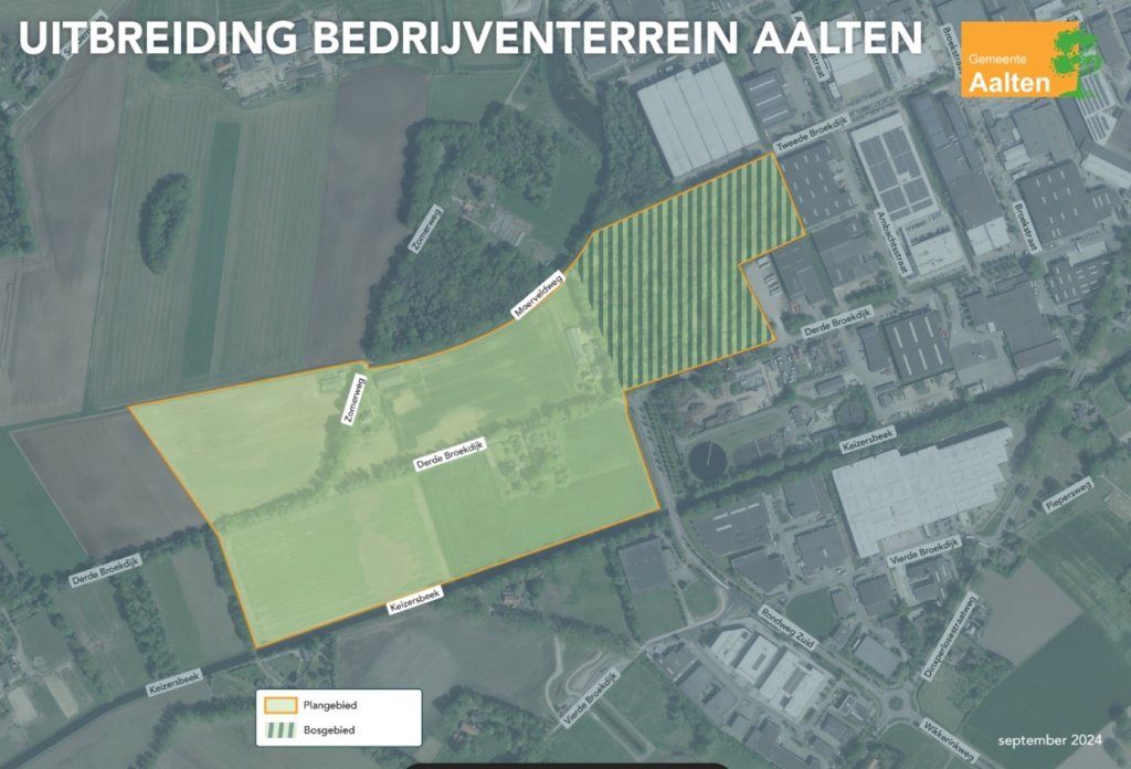 Het gebied ten zuidwesten van het bestaande bedrijventerrein en ten noorden van de Keizersbeek is aangewezen om te ontwikkelen.