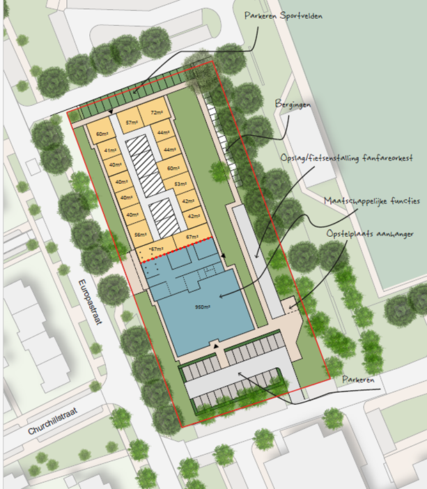 De beoogde indeling met ruimte voor maatschappelijke functies in het blauw gearceerde gedeelte en circa 17 betaalbare woningen in de voormalige klaslokalen.