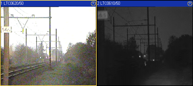 twee foto's van een spoor, een gemaakt met infraroodcamera en een met camera met licht