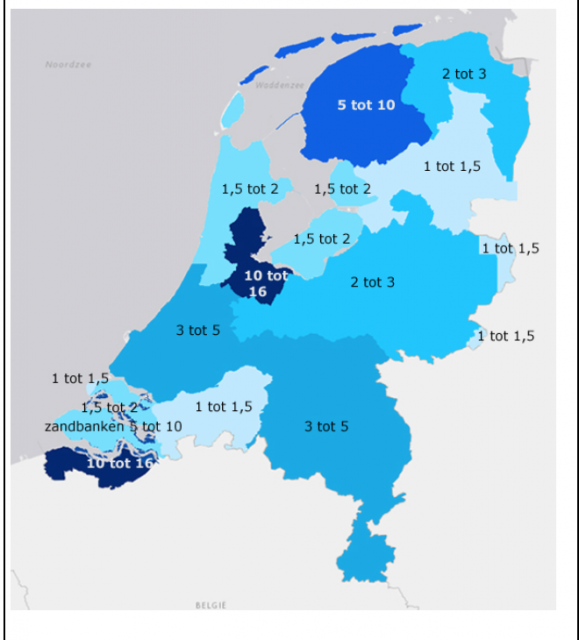 Kaart van Nederland laat de puntdichtheid van AH1 per 16m2 zien