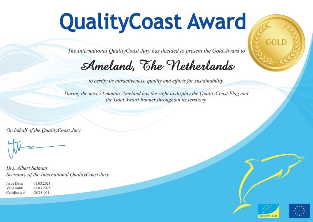 Certificaat van Quality Coast Award 