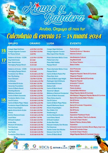 Calendario celebracion Dia Nacional di Aruba 2024