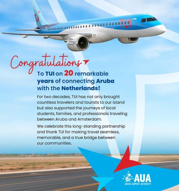 TUI fly ta celebra 20 aña di servicio Amsterdam–Aruba 