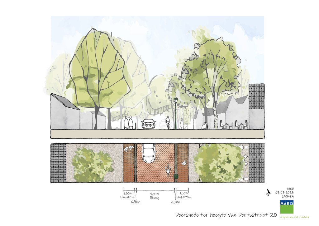 Doorsnede van Dorpsstraat met een weg met roodkleurige klinkers in het midden en bomen en gebouwen aan weerszijden.