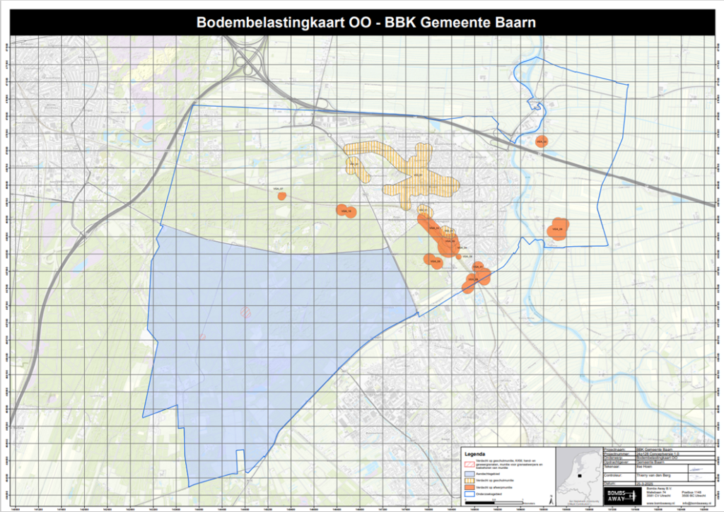 Plattegrond met gebieden in Baarn waar mogelijk explosieven uit de Tweede Wereldoorlog liggen. Neem contact op met de gemeente als u de kaart moeilijk of niet kunt lezen.