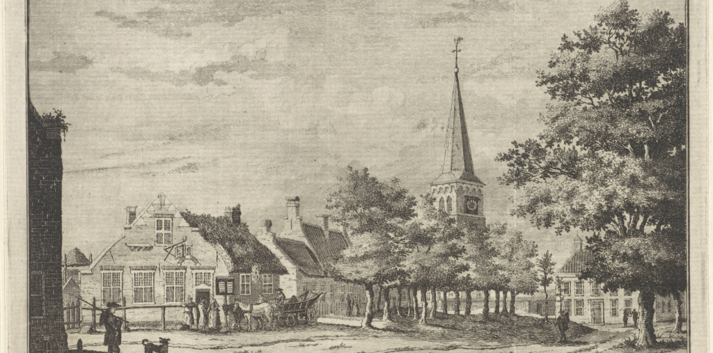 Schilderij in zwart-wit tinten met Pauluskerk, enkele huizen, een boom