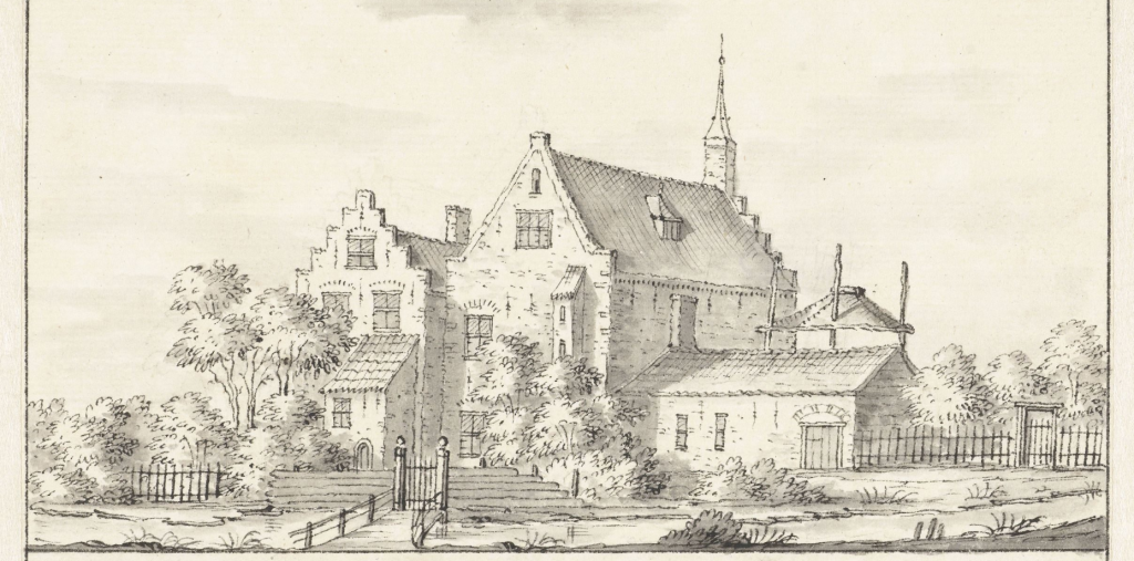 Schilderij in zwart-wit tinten met huis Eem in de 17e eeuw