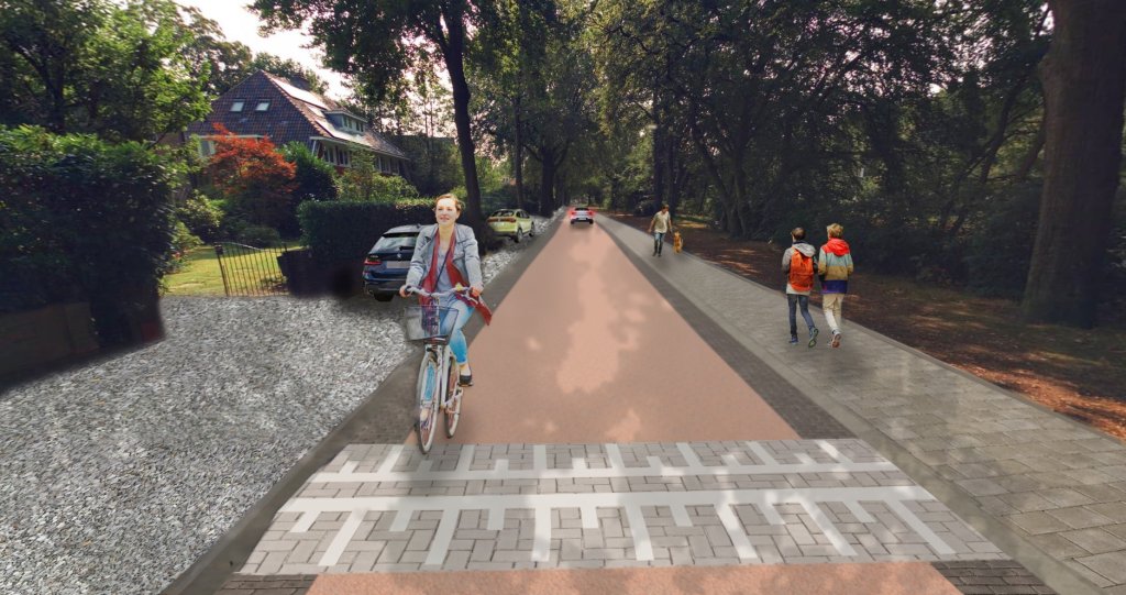 Voorstelling van de heringerichte Vondellaan vanaf de zuidkant gezien, beschrijving in tekst: Vondellaan als fietsstraat met rood asfalt en eenrichtingverkeer. Grijze bestrating aan de zijkanten voor voetgangers.