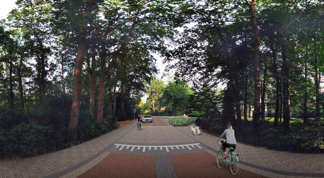 Situatie zoals deze eruit komt te zien na de werkzaamheden. Er wordt een plateau geplaatst bij het kruispunt Oude Utrechtseweg-Gerrit van der Veenlaan. In de hele lengte van de Gerrit van der Veenlaan zullen er ongeveer 6 vergelijkbare plateaus worden geplaats met als doel het verlagen van de rijsnelheid. Bij dit specifieke plateau is er ook een oversteekmarkering voor blinden en slechtzienden.