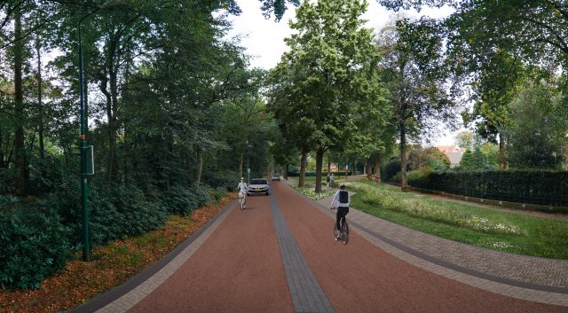 Het fietsstraatprofiel van de Gerrit van der Veenlaan, zoals deze eruit komt te zien na de werkzaamheden. Er komt een rode asfaltloper voor beide richtingen, een rabatsrook van 30 centimeter aan beide kanten en een middenstrook van 50 centimeter. Door deze maatregelen zal de weg is en toont de weg smaller waardoor de auto's gedwongen worden om achter de fietsers te blijven rijden. Naast de rijbaan wordt er een stoep aangelegd in de hele lengte van de straat.