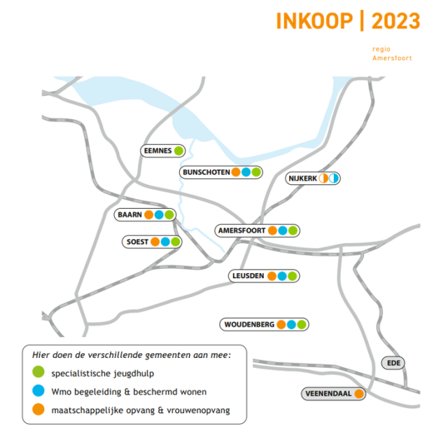 Een kaartje op het gebied van inkoop waarop met kleuren wordt aangegeven waaraan gemeenten meedoen (specialitische jeugdhulp, WMO begeleiding & beschermd wonen, maatschappelijke opvang en vrouwenopvang)