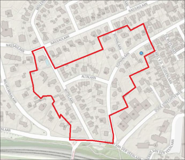 Tekening van het projectgebied m.b.t. particulier afkoppelen Sophialaan en omstreken in Baarn