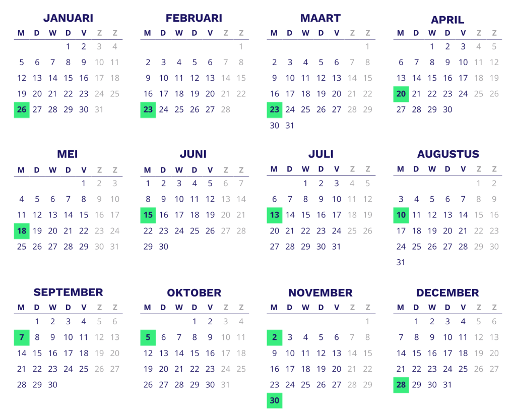 Kalender 2026 van het mobiel afvalaanbiedstation Ridderkerk locatie Winkelcentrum Bolnes