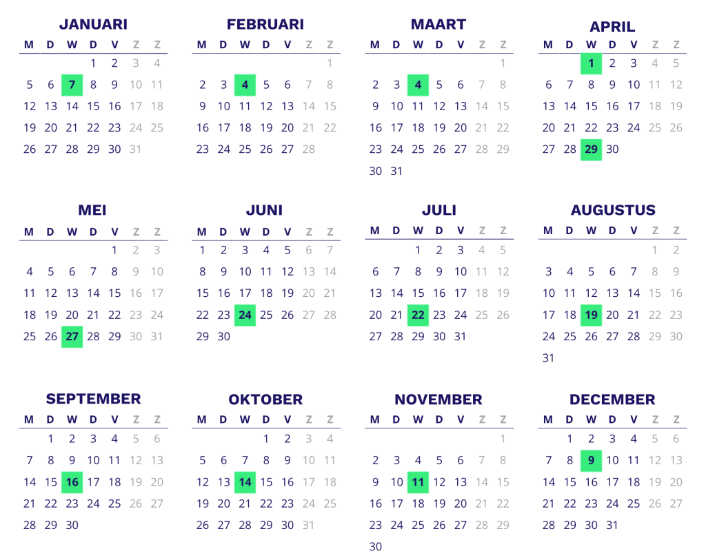 Kalender 2026 van het mobiel afvalaanbiedstation Ridderkerk locatie Jhr. Savornin Lohmannstraat hoek Groen van Prinstererstraat