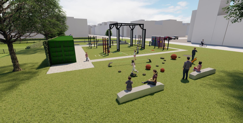 Schetstekening van spelende kinderen, groene omgeving, speeltoestellen