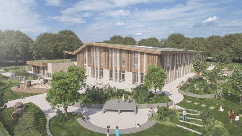 Schetstekening van het kindcentrum Baeks Kompas. Gebouw met veel ramen, groen, spelende kinderen, bomen, speeltoestellen