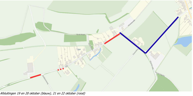 Afsluitingen 19 en 20 oktober (blauwe gemarkeerd) en 21 en 22 oktober (rood gemarkeerd).