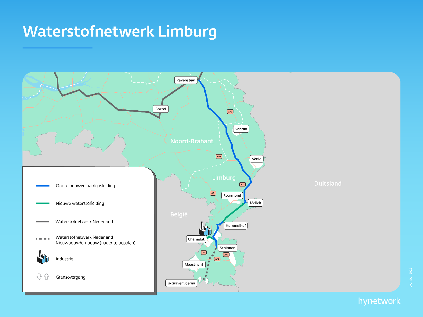 Waterstofnetwerk Limburg: kaart met waterstofnetwerk Nederland (Noord-Brabant, grijs horizontale lijn Boxtel-Ravenstein). Om te bouwen aardgasleiding (blauw tussen Ravenstein-Melick en Hommelhof-Schinnen. Nieuwe waterstofleiding (groen tussen Melick-Hommelhof en naar Chemelot-industrie). Waterstofnetwerk Nederland nieuwbouw/ombouw (nader te bepalen; stippellijn tussen Schinnen en grensovergang 's Gravenvoeren).