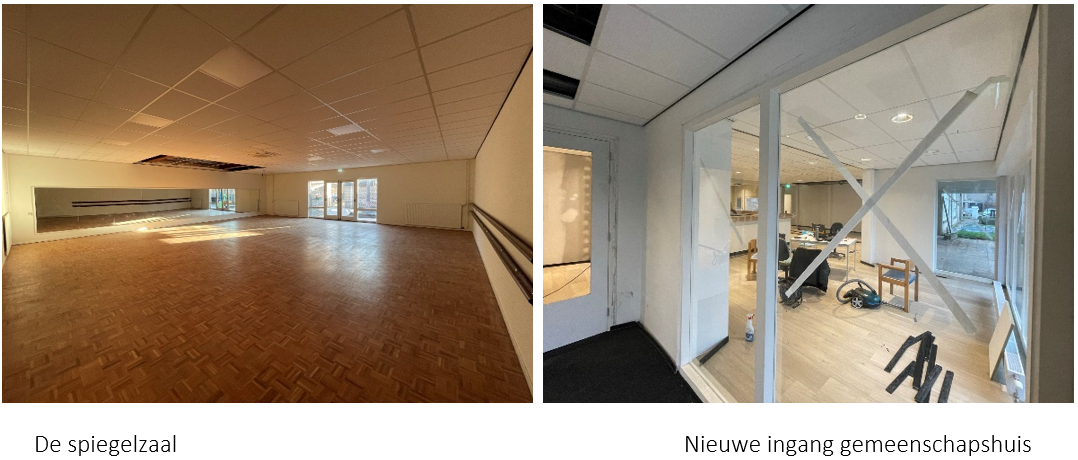 De spiegelzaal en nieuwe ingang gemeenschapshuis. Toelichting staat boven de afbeelding