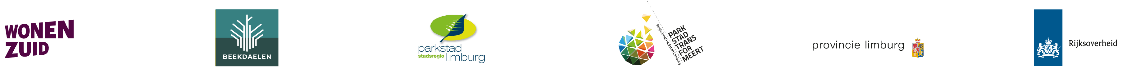 logo's van Wonen Zuid, gemeente Beekdaelen, Stadsregio Parkstad Limburg, Regio Deal Parkstad Limburg Parkstad Transformeert, Provincie Limburg en Rijksoverheid.