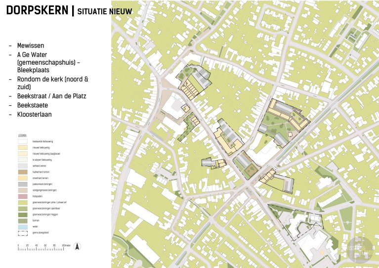 Dorpskern, situatie nieuw. Mewissen, A ge Water (gemeenschapshuis) - Bleekplaats, Rondom de kerk (noord en zuid), Beekstraat / Aan de Platz, Beekstraete, Kloosterlaan.