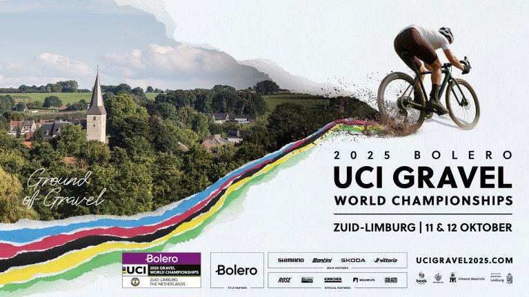 2025 Bolero UCI Gravel World Championships Zuid-Limburg 11 en 12 oktober. Verschillende logo's van meewerkende organisaties. ucigravel2025.com