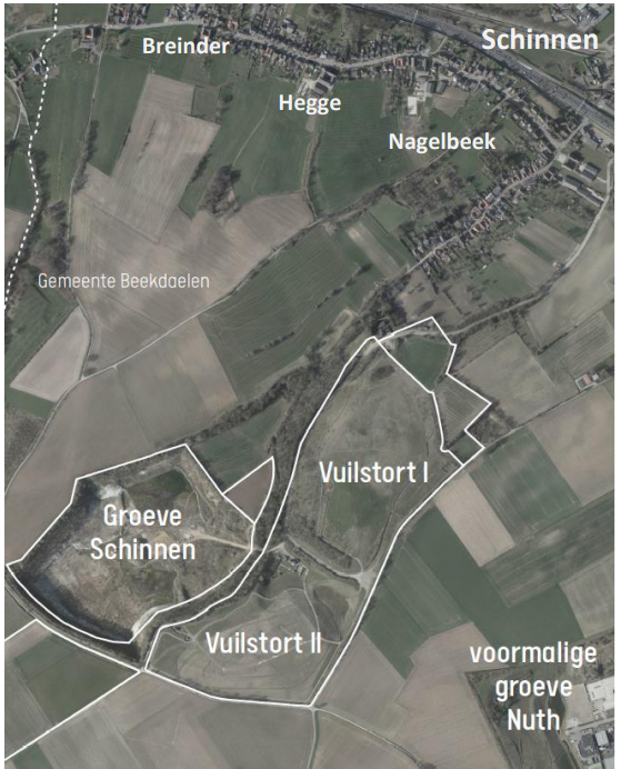 overzichtskaart met Groeve Schinnen, vuilstort I en vuilstort II, voormalige groeve Nuth in Beekdaelen