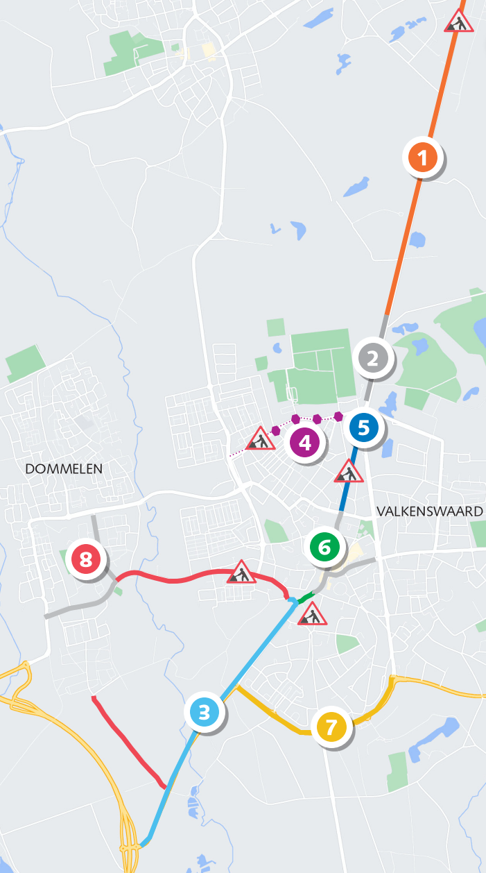 Kaart met projecten Bereikbaar Valkenswaard (datum 14 augustus 2024)