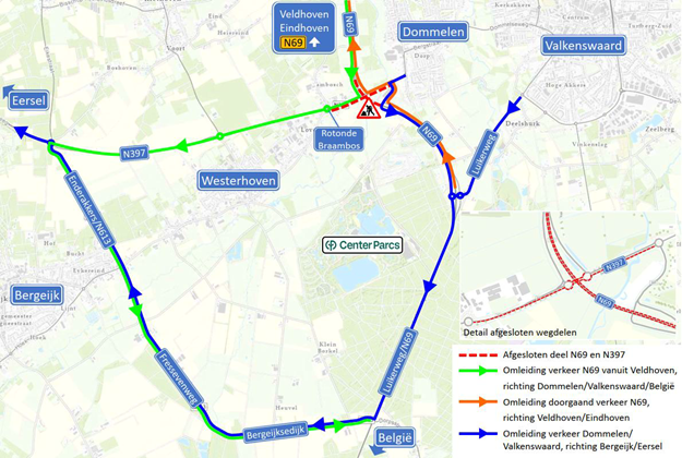 Kaart met omleidingsroutes