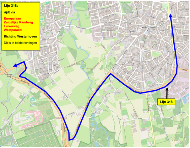 Kaart omleidingsroute buslijn 318