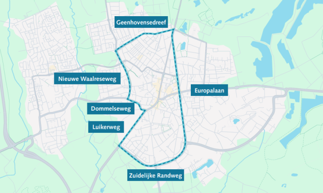 Kaart van Valkenswaard waarop de centrumruit is aangegeven. De kaart toont het onderscheid tussen wegen met een maximumsnelheid van 50 km/u (ontsluitingswegen) en woonstraten met een maximumsnelheid van 30 km/u binnen en buiten de centrumruit.