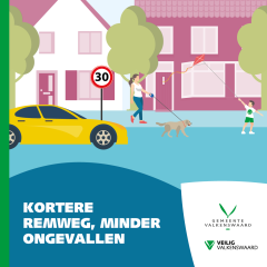 Illustratie van een 30 km/u-zone in een woonwijk met de boodschap: kortere remweg, minder ongevallen.