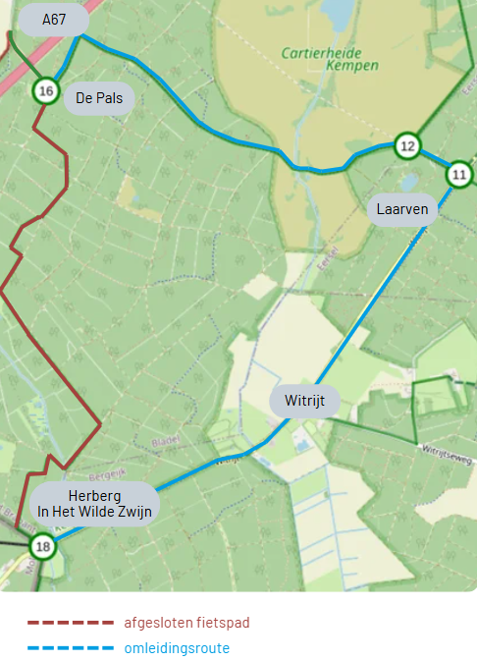 Kaartje van omleidingsroute op Cartierheide