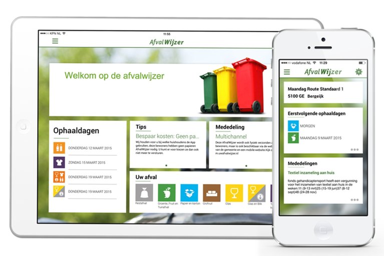 Afbeelding website met informatie over de afvalwijzer en ook zichtbaar op een telefoon