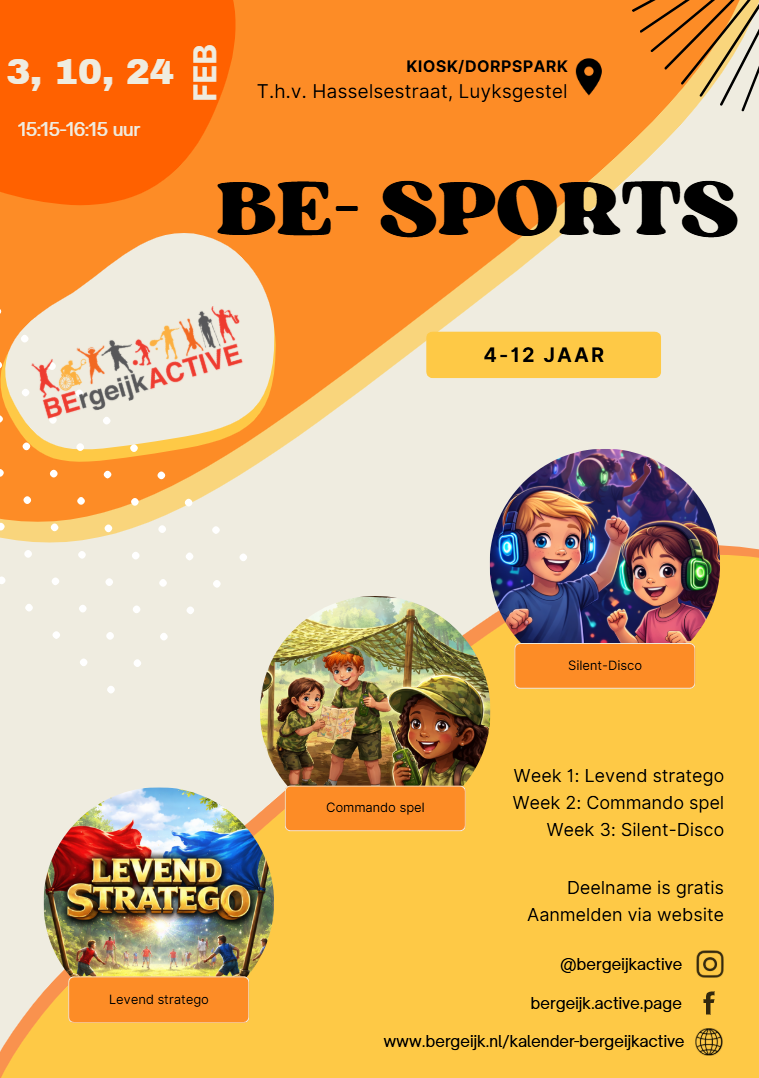 Flyer BE-Sports Luyksgestel, lees de tekst op de pagina
