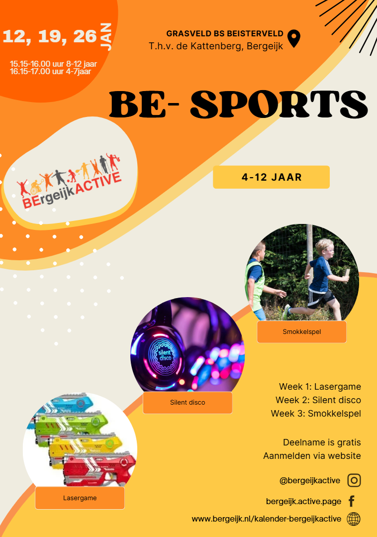 Flyer BE-Sports Bergeijk - Grasveld BS Beisterveld met daarop de informatie die te lezen is op de pagina