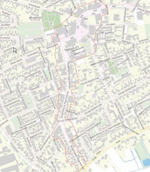 Plattegrond centrum Bergeijk met BIZ-gebied ingetekend