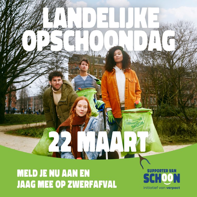 Poster met jongeren en plastic zakken en de datum van de opschoondag