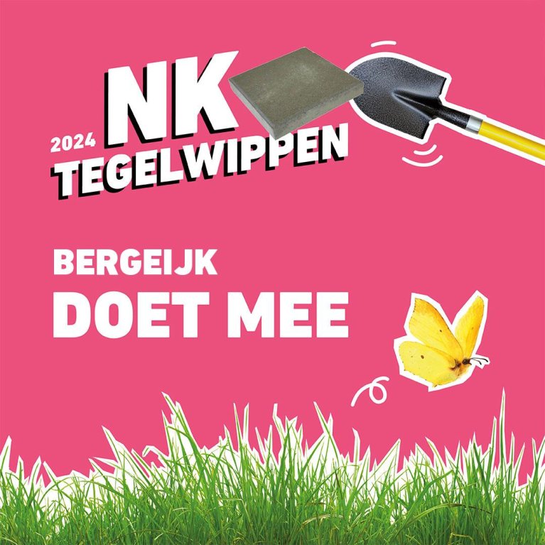 De tekst 2024 NK Tegelwippen Bergeijk doet mee met een tegel en schop afgebeeld