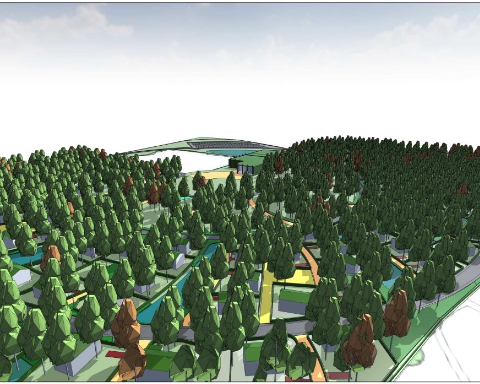 Ontwerptekening nieuwe ontwikkeling voormalige camping Zwarte Bergen met daarop 200 recreatiewoningen, een centrumgebouw voor onder andere horeca en zwembad en een centrale parkeerkplaats