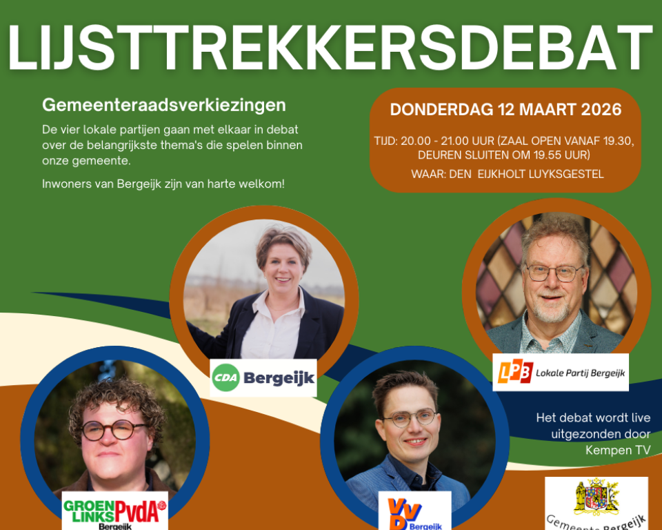 Poster met foto's van de lijsttrekkers en de logo's
