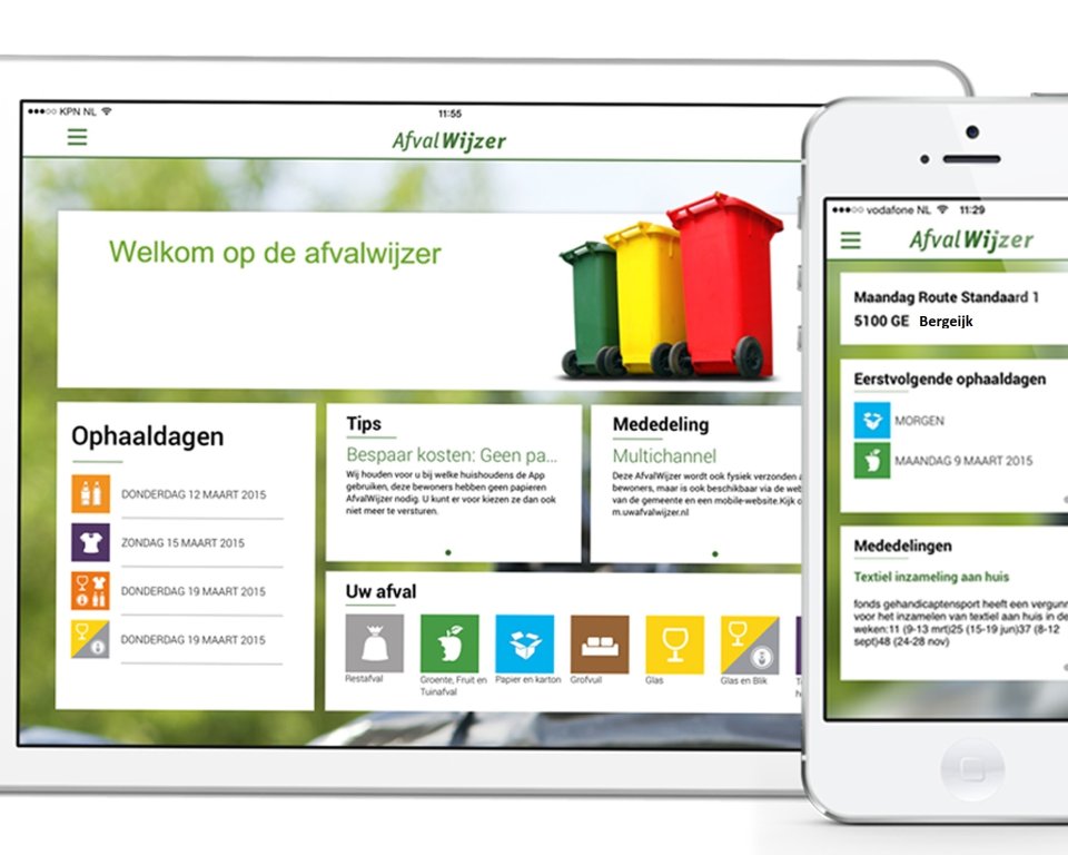 Overzicht op een tablet en een telefoon met daarin wanneer welk afval opgehaald wordt.