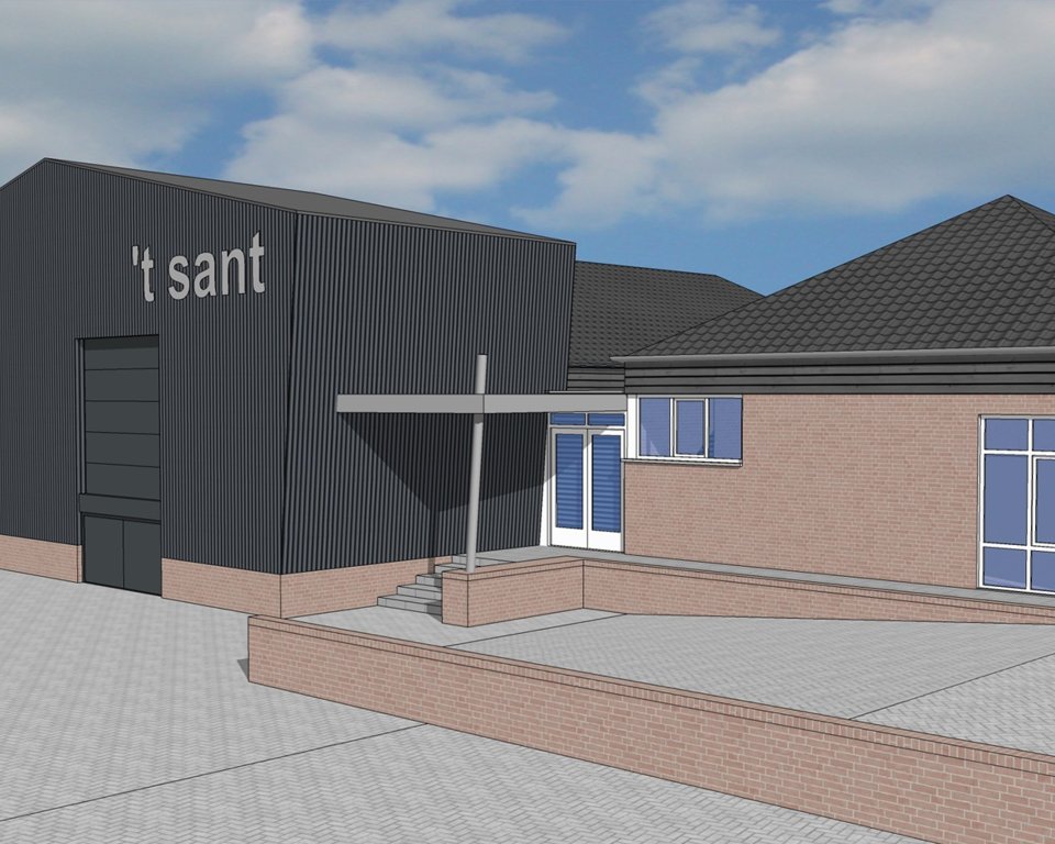 3D ontwerp van nieuwe vooraanzicht van buurthuis 't Sant