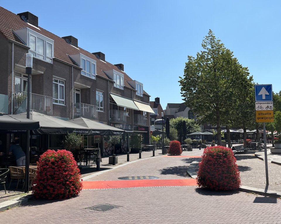 Bloembakken en rode loper van het centrum van Bergeijk