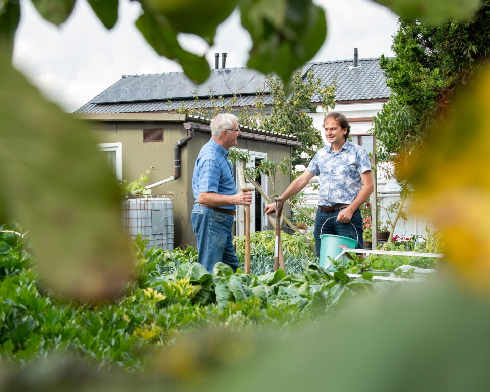 Twee mannen werken in de tuin
