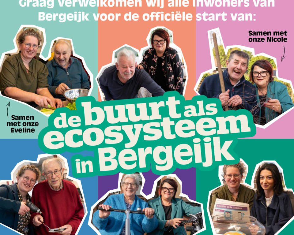 Poster met de buurt als ecosysteem met mensen die elkaar helpen